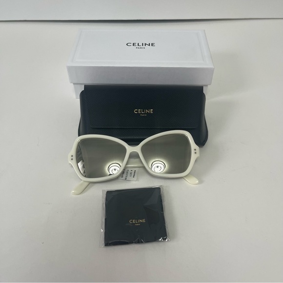 New Authentic CELINE Ivory With Smoke Mirror 56mm Mirrored Butterfly Sunglasses - Picture 2 of 16